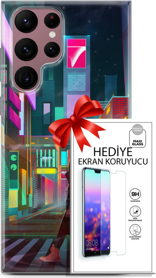 Samsung Galaxy S22 Ultra Kılıf Orijinal Seri Cyberpunk 05 Neon City Koruma Kılıfı + Ekran Koruyucu