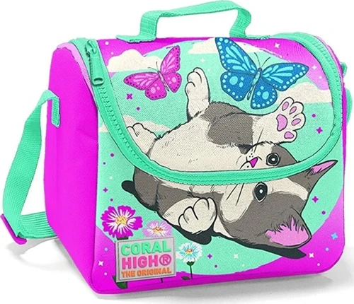 Kids Su Yeşili Pembe Kedi Desenli Thermo Beslenme Çantası 22707