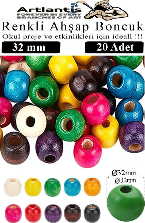 Renkli Ahşap Boncuk 32mm 20 li 1 Paket Renkli Ahşap Boyalı Yuvarlak Doğal Boncuklar Saç Takı Tasarım Ektinlik Kreş Okul
