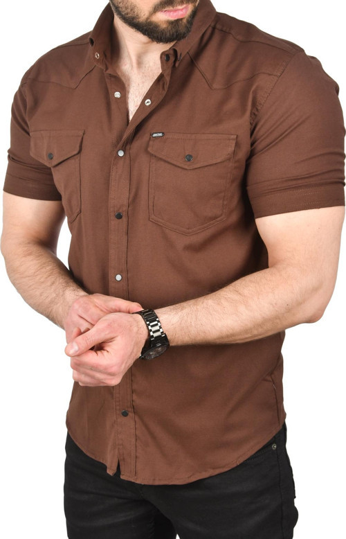 Erkek Kahve Slim Fit Pamuklu Likralı Kısa Kol Gömlek Kolay Ütülenebilir Çıt Çıtlı Cepli Spor Gömlek 2400253
