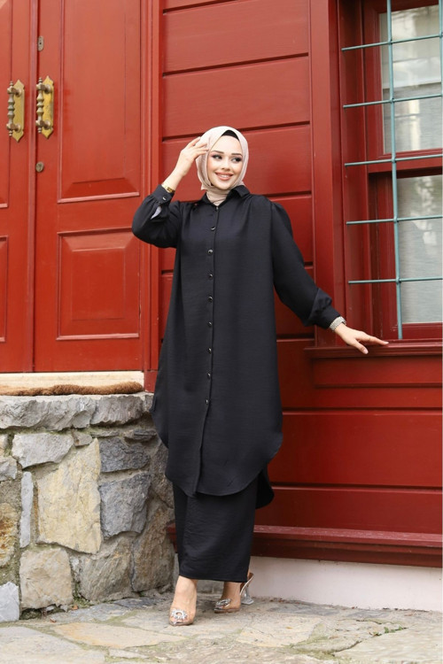 Kadın Yazlık Gömlek Yaka Ve Önü Düğmeli Keten Kumaş Uzun Gömlek Tunik,Pantalon Tesettür İkili Takım Siyah 52
