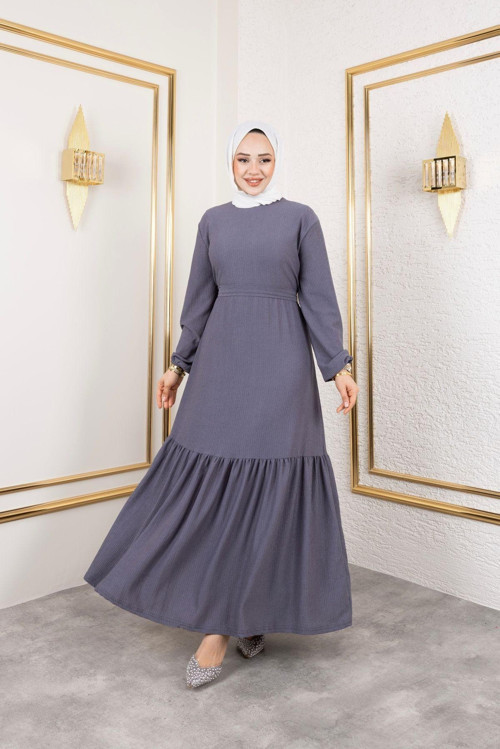 Kadın Belden Kuşaklı Ve Bisiklet Yaka Bürümcük Kumaş Elbise Lila L-XL