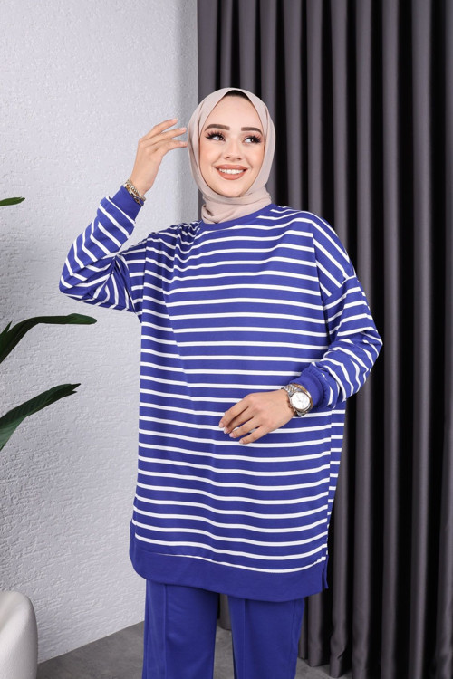 Kadın Tesettür Giyim Bisiklet Yaka Ve Çizgili 2 İplik Pantalon İle Tunik Takım Saks Mavi 2XL