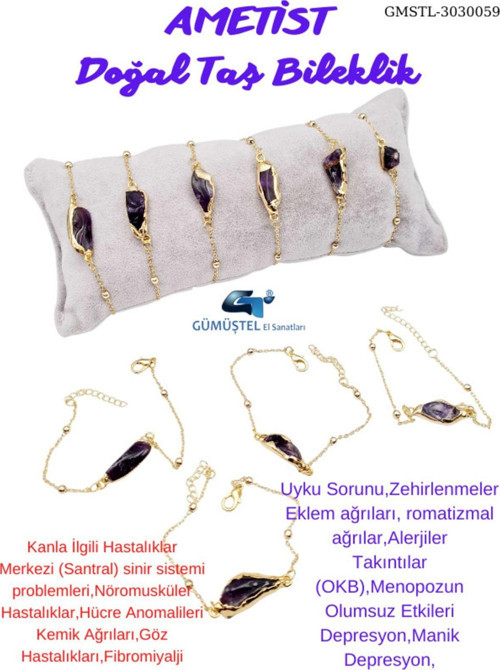 Sertifikalı Doğal Işlenmemiş Ametist Taşı Bileklik Tasarım Sevgiliye Anneye Hediye Sürpriz Hediyeli