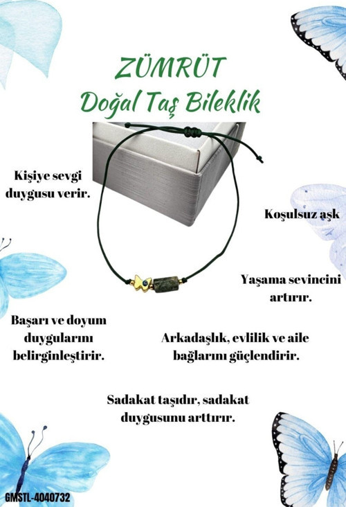 Sertifikalı Zümrüt Doğal Taş Bileklik Kelebek Obje Detaylı Makrome Örgülü Kilit El Işçiliği