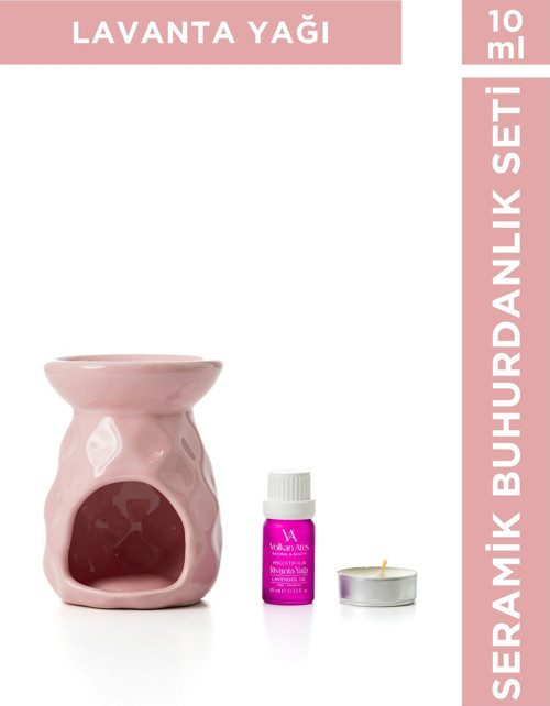 Seramik Buhurdanlık Seti Pembe Renk + Lavandula Angustifolia Saf Lavanta Yağı 10 ml + Mum