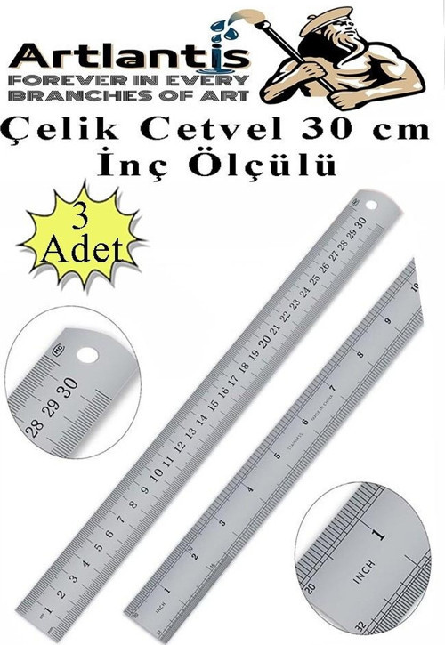 Çelik Cetvel 30 cm İnç Ölçülü 3 Adet Paslanmaz Çelik Metal Çetvel 30 Santimetre Düz Kenar Kolay Çizimler İçin