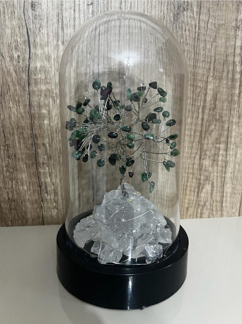 Sertifikalı Doğal Taş Zümrüt Tasarımlı Bakır Tel Sarma Işıklı Fanus Aksesuar 21x12 cm Büyük Boy