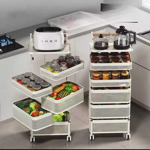 6 Katlı Metal Beyaz Yana Açılır Sebze Meyve Sepeti Patates Soğan Sepeti Sebzelik Tekerlekli 1094-CN