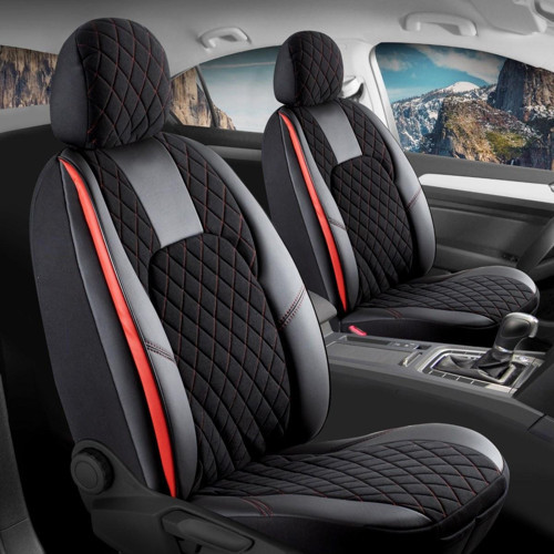BMW 4 Serisi 418i Uyumlu Lüx Yarı Deri Oto Koltuk Kılıfı Ön Arka Takım Chester Siyah Kırmızı