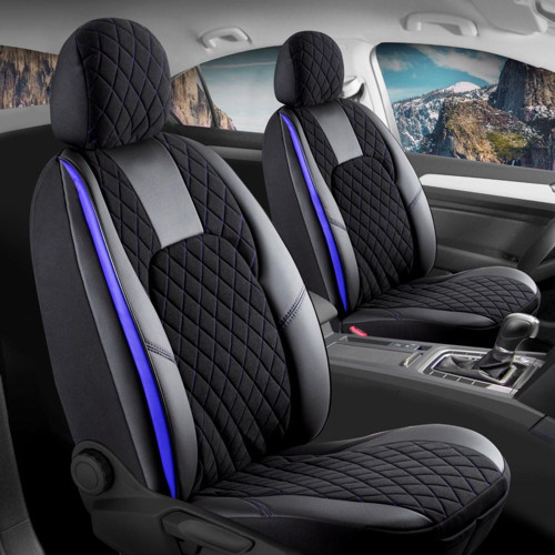 Hyundai İX20 Uyumlu Lüx Yarı Deri Oto Koltuk Kılıfı Ön Arka Takım Chester Siyah Mavi