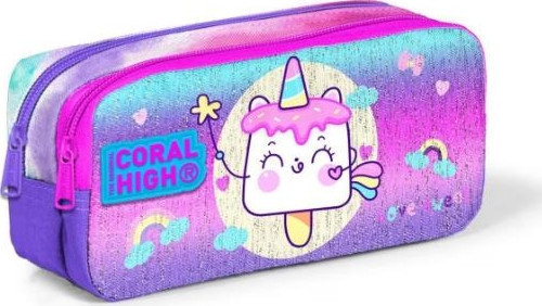 Coral High Kids Renkli Batik Unicorn Dondurma Desenli Iki Bölmeli Kalem Çantası 12053
