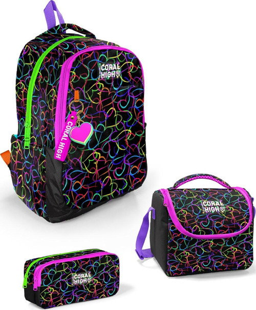 Kids Çok Renkli Kalp Desenli 3’lü Okul Çanta Seti SET0123670