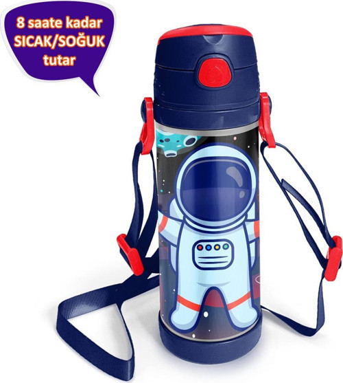 Kids Saks Mavi Astronot Desenli Pipetli Çelik Termos 500 Ml 11925