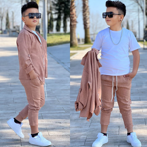 KOL KATLAMALI KETEN GÖMLEK & BELİ LASTİKLİ KETEN PANTOLON & PAMUKLU TSHIRT & ZİNCİR AKSESUAR 4LÜ KETEN ERKEK ÇOCUK TAKIM