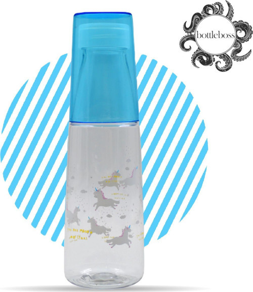 Renkli Bardaklı Desenli Sızdırmaz Kapaklı Su Şişesi Matara 600 Ml Mavi