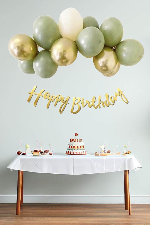 Küf Yeşili Deniz Kumu Krom Gold Konsept Renkler Doğum Günü Balon Zinciri Happy Birthday Banner