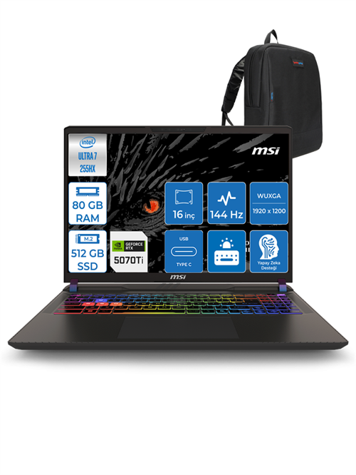 Vector 16 Hx Aı Intel Ultra 7 255HX Aı 80GB Ddr5 512GB SSD 12GB/RTX5070TI/140W WIN11HOME 16" Fhd+ 144Hz Taşınabilir Bilgisayar 091XTRH21 + Zettausbbellek