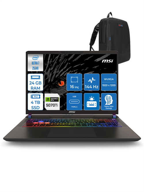 Vector 16 Hx Aı Intel Ultra 7 255HX Aı 24GB Ddr5 4tb SSD 12GB/RTX5070TI/140W WIN11PRO 16" Fhd+ 144Hz Taşınabilir Bilgisayar 091XTRP08 + Zettausbbellek