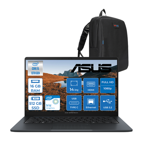 Expertbook B1 B1403CVA Intel Core I5-1334U 16GB Ddr5 512GB SSD Intel Iris x Graphics 14" Fhd LED 300NITS Windows 11 Home Taşınabilir Bilgisayar B1403CVAH01 + Zettaçanta