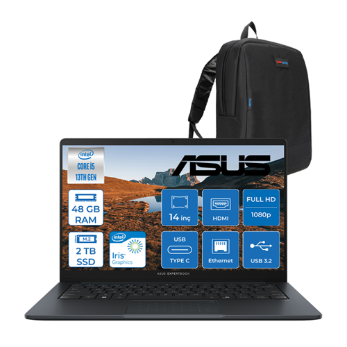 Expertbook B1 B1403CVA Intel Core I5-1334U 48GB Ddr5 2tb SSD Intel Iris x Graphics 14" Fhd LED 300NITS Freedos Taşınabilir Bilgisayar B1403CVAF19 + Zettaçanta
