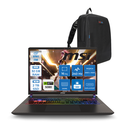 Vector 16 Hx Aı WA2XWIG-090XTR Ultra 9 275HX Aı 32GB GB 2tb SSD 16GB/RTX5080 Gddr7 175W 16" Qhd+ (2560X1600) 240HZ Freedos Gaming Laptop WA2XWIG090XTRF13+ZETTAÇANTA