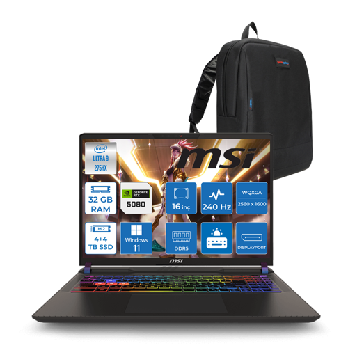 Vector 16 Hx Aı WA2XWIG-090XTR Ultra 9 275HX Aı 32GB GB 4tb Ssd+4tb SSD 16GB/RTX5080 Gddr7 175W 16" Qhd+ (2560X1600) 240HZ WIN11PRO Gaming Laptop WA2XWIG090XTRW16+ZETTAÇANTA