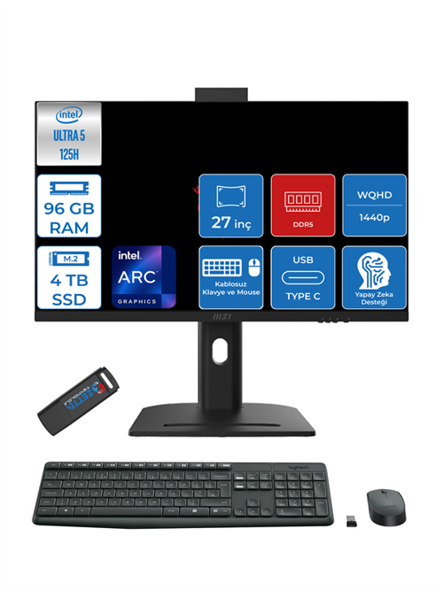 Modern Aı Intel Core Ultra 5 125H 96GB Ddr5 4tb SSD Intel® Arc™ Graphics Freedos 27" 2k Wqhd Yapay Zeka Destekli All In One Bilgisayar AM273QPF28 + Zettausbbellek