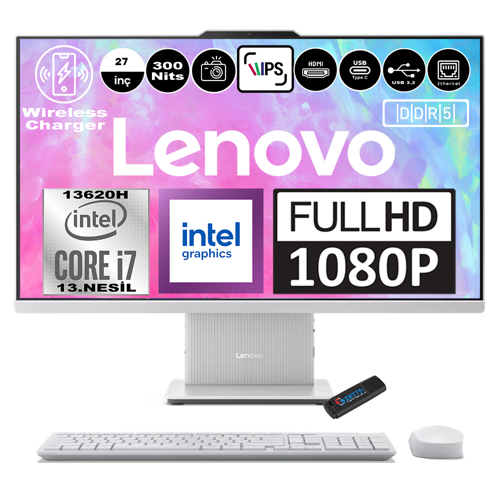 Ideacentre Aıo 27IRH9 Intel Core I7-13620H Ddr5 96GB 4tb SSD Intel UHD Graphics 27 Inc Fhd IPS Freedos Bulut Grisi All In One Bilgisayar F0HM0048TRF21 + Zetta Flash Bellek
