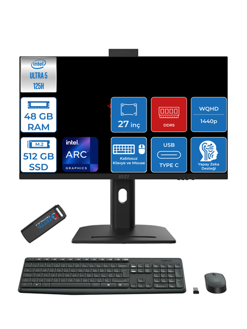 Modern Aı Intel Core Ultra 5 125H 48GB Ddr5 512GB SSD Intel® Arc™ Graphics Freedos 27" 2k Wqhd Yapay Zeka Destekli All In One Bilgisayar AM273QPF13 + Zettausbbellek