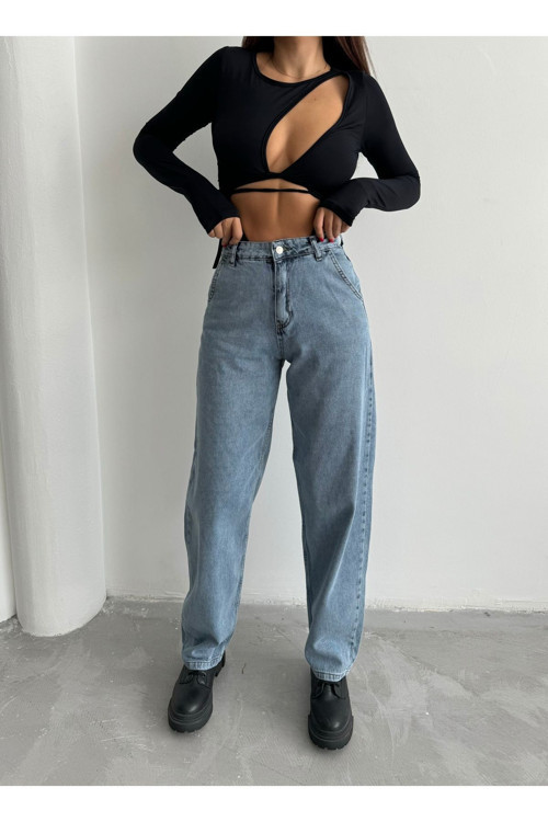 Kadın Mavi Kar Yıkama Rengi Yüksek Bel Skater Fit Bol Kesim Baggy Denim Buz Mavisi 42-30