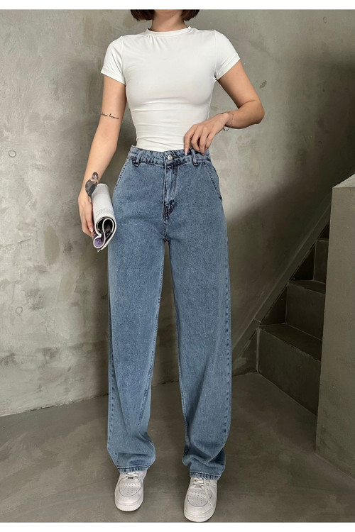 Kadın Mavi Kar Yıkama Rengi Yüksek Bel Skater Fit Bol Kesim Baggy Denim Kar Mavi 34-26