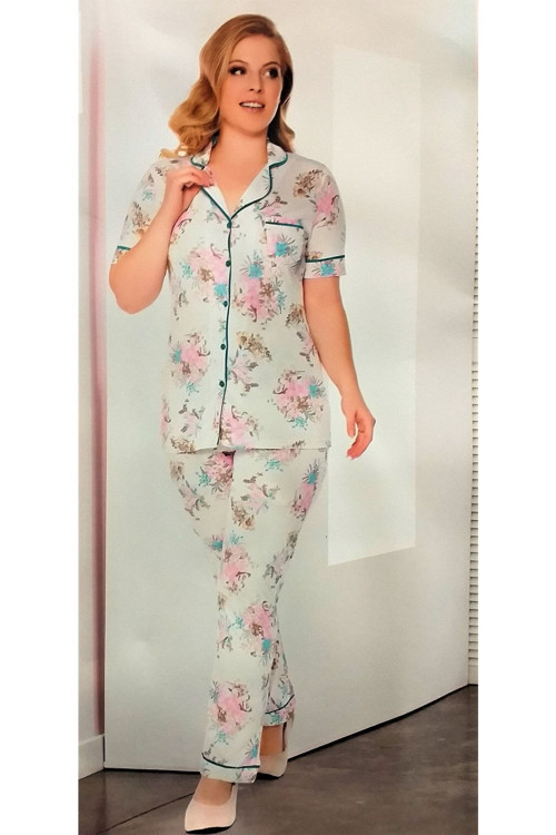 Büyük Beden Önden Düğmeli Kısa Kol Pijama Takımı Çiçekli Turkuaz 2XL