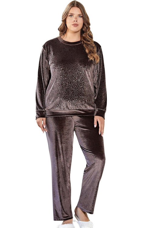 Büyük Beden Uzun Kol Şık Kadife Pijama Takımı Kahve Kahverengi 4XL