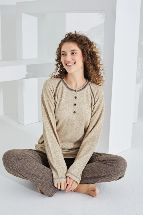 Uzun Kol Deve Tüyü Pamuklu Kadın Pijama Takımı Kahverengi 5XL