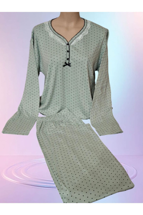 Büyük Beden Pamuklu Uzun Kol Kadın Pijama Takımı Mevsimlik Yeşil 5XL