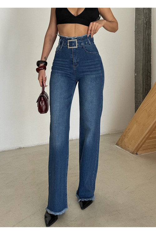 Kadın Yüksek Bel Soluk Efekt Vintage Kemerli , Bel Püskül Paça Püskül Palazzo Jean Koyu Mavi 38-28