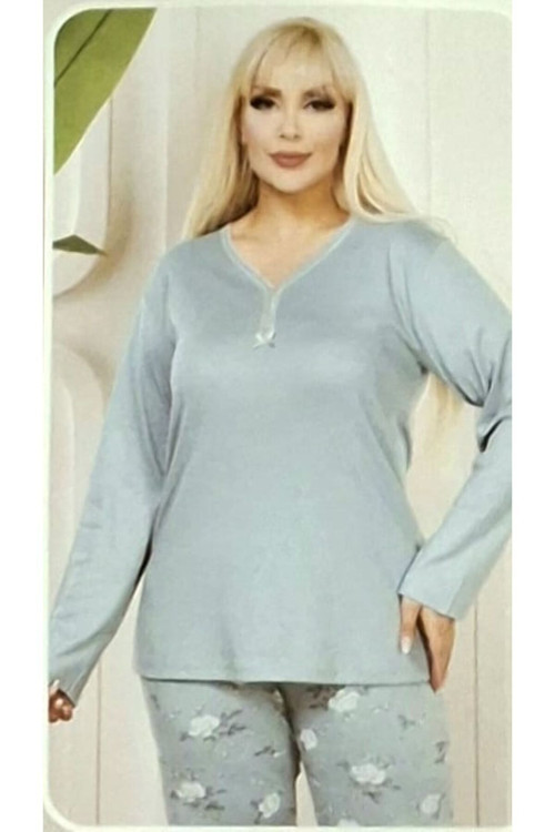 Büyük Beden Pamuklu Uzun Kol Kadın Pijama Takımı Mevsimlik Yeşil 3XL