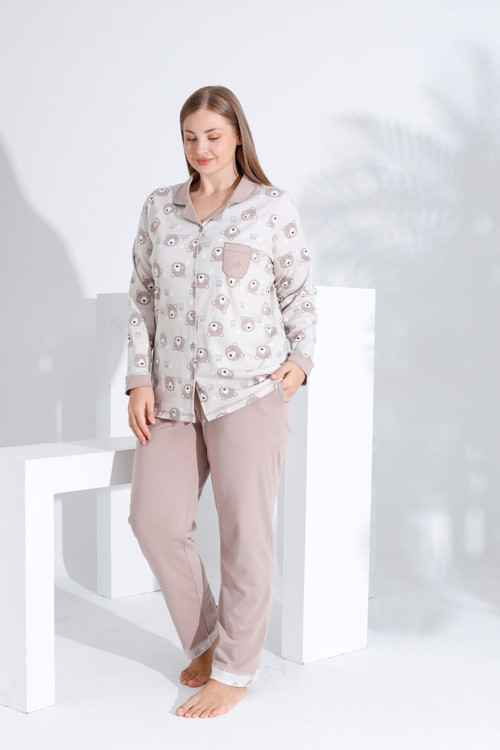 Pamuklu Önden Düğmeli Uzun Kol Kadın Pijama Takımı Açık Kahve Kahverengi 2XL