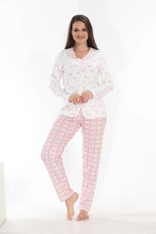 Pamuklu Uzun Kol Önden Düğmeli Kadın Pijama Takımı Pembe Büyük Beden Pembe 3XL
