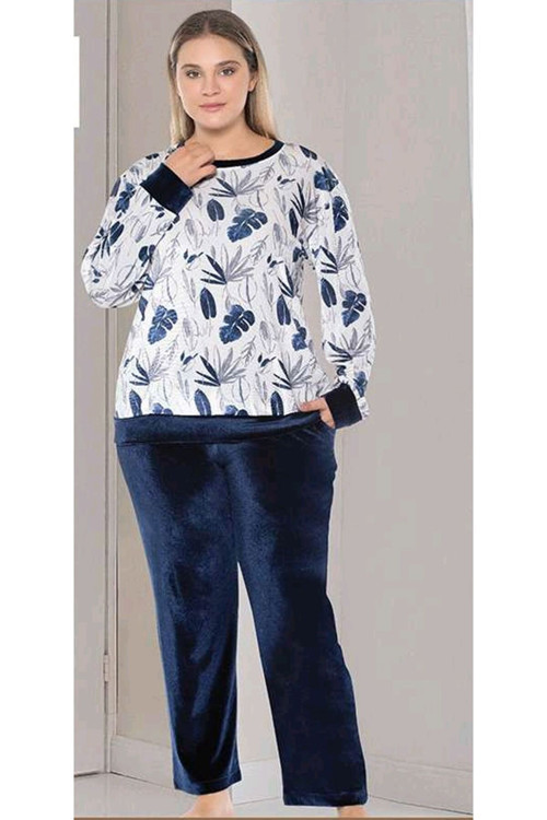 Büyük Beden Uzun Kol Kadife Şık Pijama Takımı Lacivert 2XL