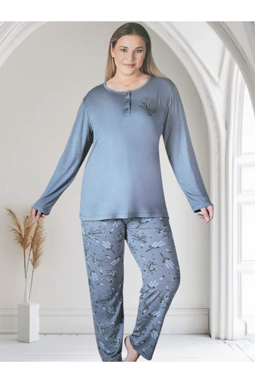 Zen Büyük Beden Yazlık Uzun Kol Kadın Pijama Takımı Gri 6XL