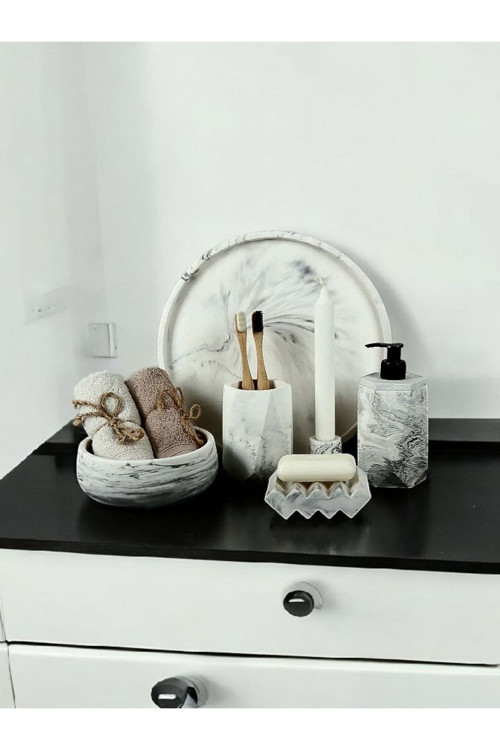 6'Lı Mermer Desenli Beton Banyo Seti Tuvalet Wc Sıvı Sabunluk Diş Fırçalığı Beton Aksesuar Takımı