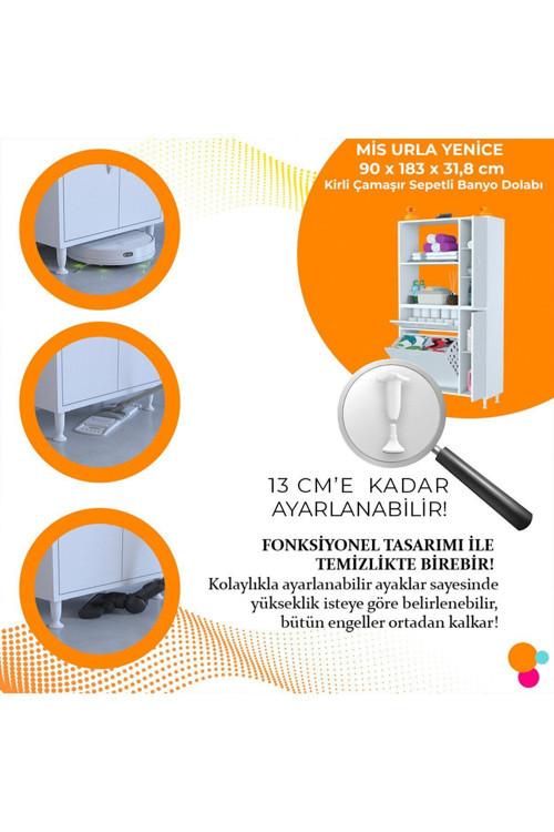 MODİLAYN Mis Urla YENİCE Çok Amaçlı Banyo Dolabı 90 x 183,5 x 32 cm Kirli Çamaşır Sepetli Dolap