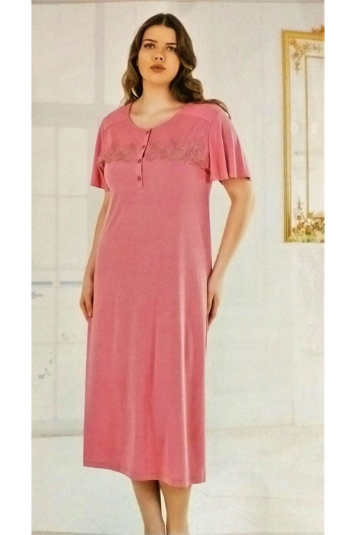 Kısa Kol Güpürlü Büyük Beden Gecelik Gül Kurusu Pembe 4XL