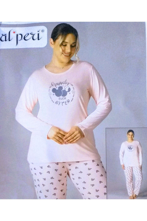 Büyük Beden Yazlık Uzun Kol Pijama Takımı Somon 5XL