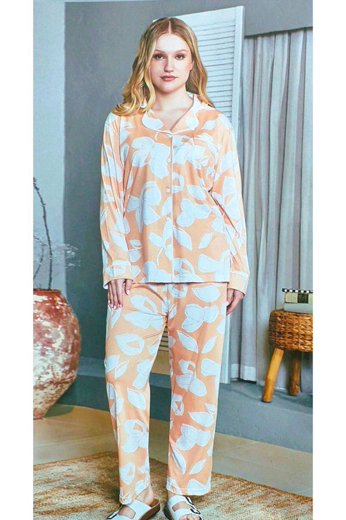 Büyük Beden Boydan Düğmeli Uzun Kol Kadın Pijama Takımı Somon Somon 3XL