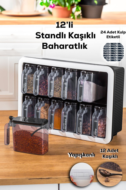 1165 Random Standlı Kendinden Yapışkanlı Kaşıklı Kapaklı Baharatlık Seti 12'li Beyaz - Siyah