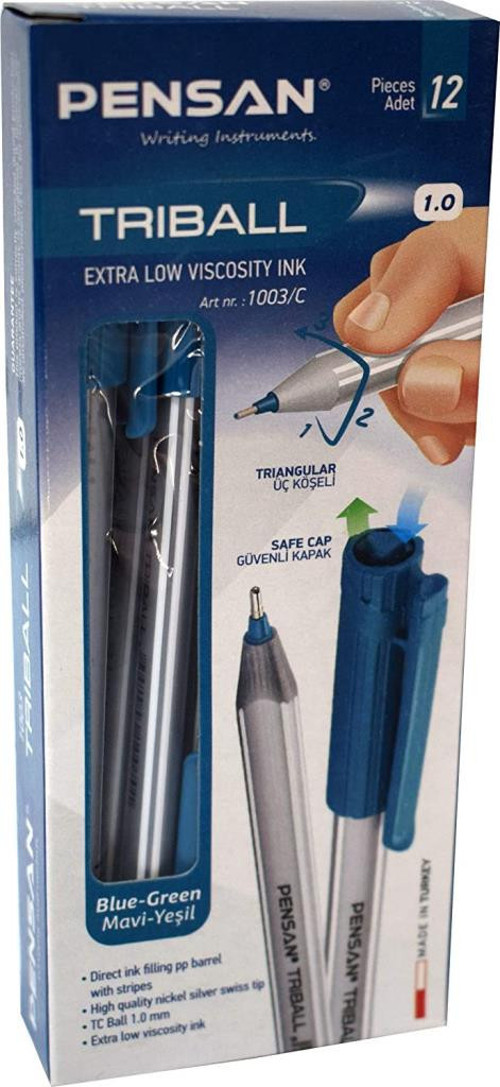 Tükenmez Kalem Triball 1.0 Mm Bilye Uç Mavi Yeşil Pe01003Tkmy (12 Li Paket)