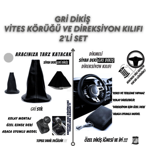 Citroen C3 Picasso Uyumlu Siyah Deri Gri Dikiş Vites Körüğü ve Direksiyon Kılıfı 2'li Set